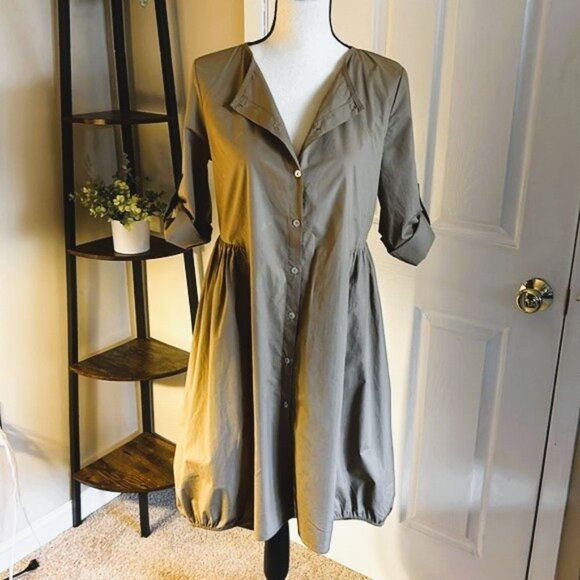 Kikisix ITALY 100% Cotton Long Sleeve Tan Cocoon Button Down Shirt Dress Size M - Picture 4 of 15